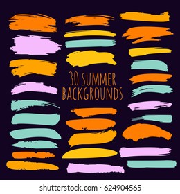 Set of thirty trendy brush strokes or backgrounds in glamour colours. Hand painted pink, turquoise, orange, and yellow ink brush strokes, brushes, and lines. Dirty grunge artistic design elements. svg