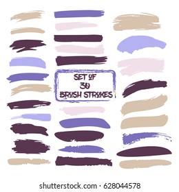 Set of thirty trendy purple and ochre vector brush strokes or backgrounds. Hand painted black ink brush strokes, brushes, and lines. Dirty grunge artistic design elements.  svg