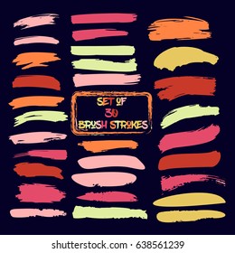 Set of thirty trendy red, yellow, orange, and pink vector brush strokes or backgrounds. Hand painted ink brush strokes, brushes, and lines. Dirty grunge artistic design elements.  svg