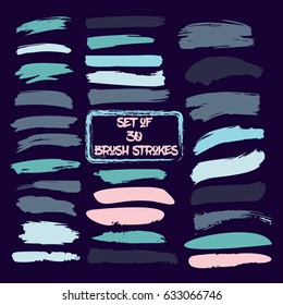 Set of thirty trendy turquoise, pink and grey vector brush strokes or backgrounds. Hand painted brushstrokes, lines, stripes. Dirty grunge artistic design elements.  svg