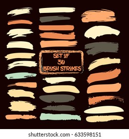 Set of thirty trendy yellow, brown, and grey vector brush strokes or backgrounds. Hand painted vintage ink brush strokes, brushes, and lines. Dirty grunge artistic design elements. Text backgrounds. svg