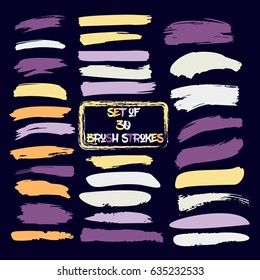Set of thirty trendy yellow, orange, and purple vector brush strokes or backgrounds. Hand painted vintage ink brush strokes, brushes and lines. Dirty grunge artistic design elements. Text backgrounds svg