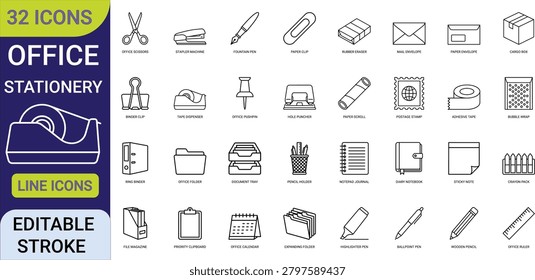 Set of thirty two black and white line depicting office stationery and school supplies including scissors stapler pens clips envelopes folders and organizers on a white background