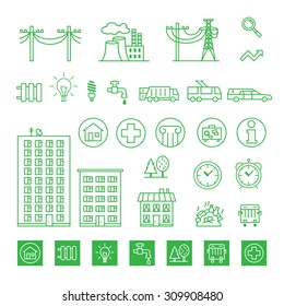 Set of thirty two ecological icons. Healthy life. Green planet. Alternative electric.
