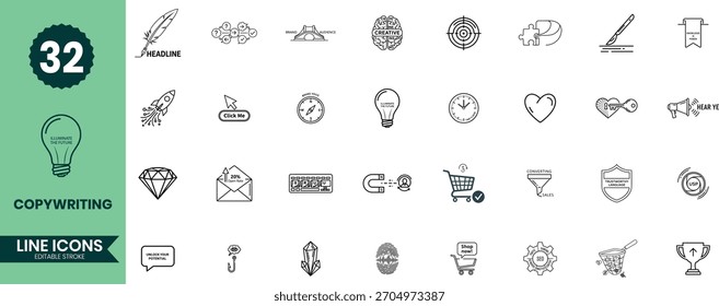 Set von zweiunddreißig handgezeichneten Linien-Kunstsymbolen für verschiedene kreative Projekte