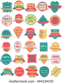 Set of Thirty Vector Badges with Ribbons. Web stickers and labels. Isolated vector illustration.