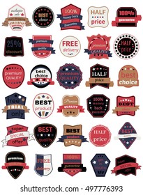 Set of Thirty Vector Badges with Ribbons. Web stickers and labels. Isolated vector illustration.