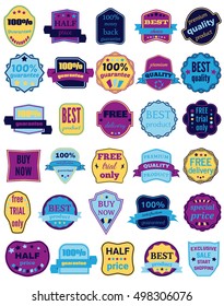Set of Thirty Vector Badges with Ribbons. Web stickers and labels. Isolated vector illustration.
