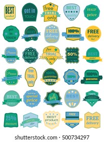 Set of Thirty Vector Badges with Ribbons. Set of vintage retro labels. Web stickers and labels. Isolated vector illustration.