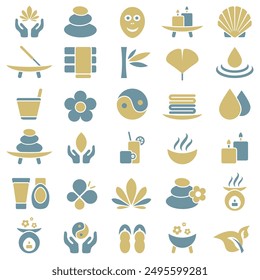 Set Of Thirty Wellness Icons Petrol Mustard Yellow