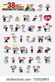 Set of thirty-eight chic and romantic characters bride and groom. Newlyweds dancing, in romantic attitude, hugging... Elements for wedding invitations. Vector illustration in cartoon style.