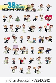 Set of thirty-eight chic and romantic characters bride and groom. Newlyweds dancing, in romantic attitude, hugging... Elements for wedding invitations. Vector illustration in cartoon style.