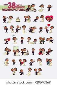 Set of thirty-eight chic and romantic characters bride and groom. Newlyweds dancing, in romantic attitude, hugging... Elements for wedding invitations. Vector illustration in cartoon style.
