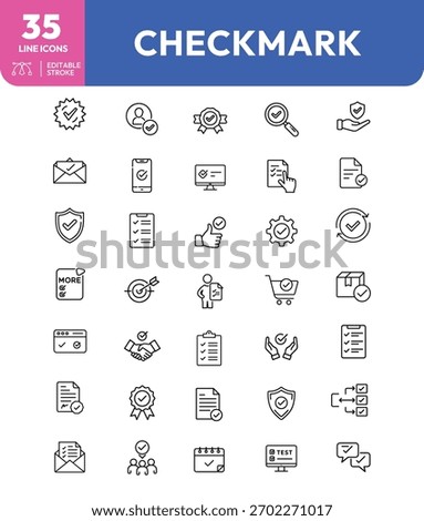 A set of thirty-five line icons featuring checkmarks, including symbols for approval, security, communication, and task completion, all with editable stroke.