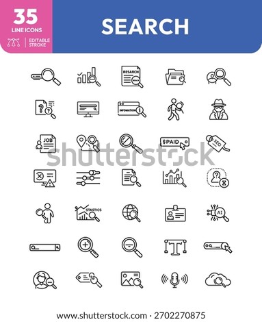 A set of thirty-five line icons representing search, research, and related concepts, including magnifying glasses, charts, and data analysis.