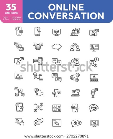 A set of thirty-five line icons representing online conversation, including chat bubbles, video calls, and social networking symbols.