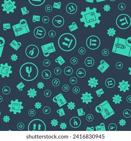 Set This side up, Gear wheel with package box, Fragile broken glass and Envelope with dollar symbol on seamless pattern. Vector