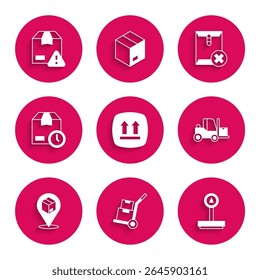 Set This side up, Hand truck and boxes, Scale, Forklift, Location with cardboard, Cardboard clock, Delete envelope and Delivery security shield icon. Vector