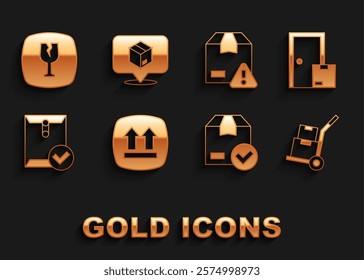 Set This side up, Home delivery services, Hand truck and boxes, ackage with check mark, Envelope, Delivery security shield, Fragile broken glass and Location cardboard icon. Vector