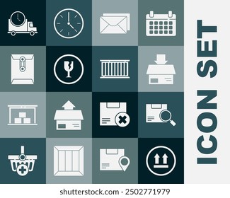Set This side up, Search package, Carton cardboard box, Envelope, Fragile broken glass, Logistics delivery truck and clock and Container icon. Vector