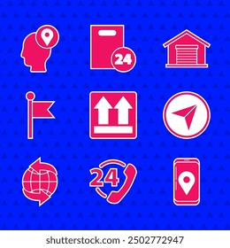 Establecer este lado hacia arriba, teléfono 24 horas de Asistencia, móvil con seguimiento de entrega App, infografía de la navegación del mapa de la ciudad, en todo el mundo, marcador de Locación, almacén y entrega de cajas de cartón. Vector
