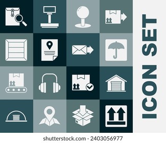 Set This side up, Warehouse, Umbrella, Push pin, Document tracking marker system, Wooden box, Envelope with magnifying glass and  icon. Vector