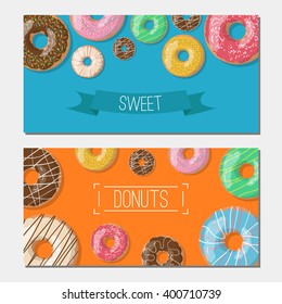 Set of tho bright vector banners with donuts illustration on the orange and blue background. Doughnut banners in cartoon style for donuts menu in cafe and shop.