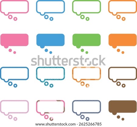 A set of thought and conversation speech bubbles in various colors and designs. There are designs with simple line drawings, fills, patterns, and accents.