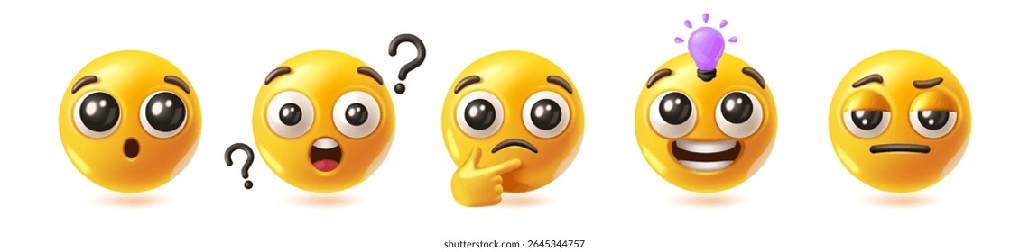Conjunto de emojis 3D pensativos. Emoticons redondos amarelos expressando emoção de atenção, curiosidade, choque e insight. Coleção de ilustração de vetor de desenho animado realista isolado no fundo