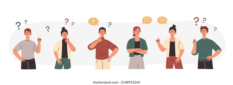 Set of thoughtful people. Collection of characters with questions, men and girls think about solving problem. Social media stickers. Cartoon flat vector illustrations isolated on white background