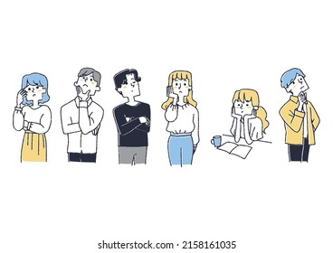 A set of thoughtful people, a comical handwritten person vector, a warm line drawing