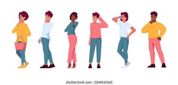 Set of Thoughtful People. Male and Female Characters with Questions, Searching Solution. Pensive Students and Businesspeople Mental Research, Curiosity, Anxiety Disorder. Cartoon Vector Illustration