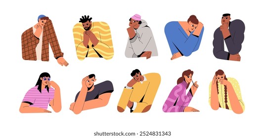 Set of thoughtful people. Puzzled characters thinking thoughts, ideas. Portraits of doubt, pensive, curious men and women. Pondering emotions. Flat isolated vector illustrations on white background