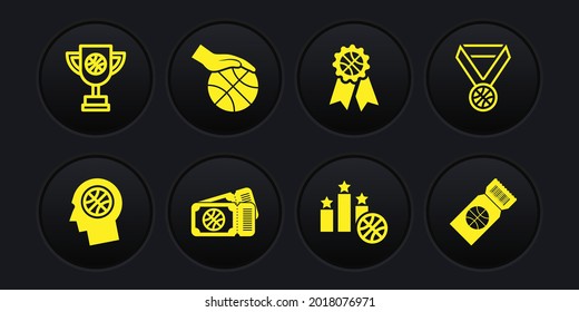 Set Thoughts on a basketball, Basketball medal, game ticket, Sports winner podium, award, Hand with,  and Award cup icon. Vector