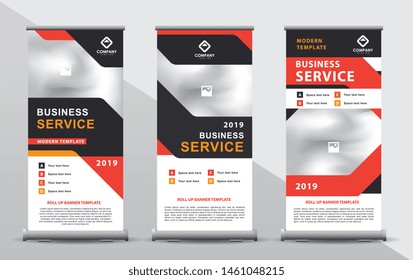 Set of thre orange roll up banner template. Modern abstract geometric design composition with portrait presentation.