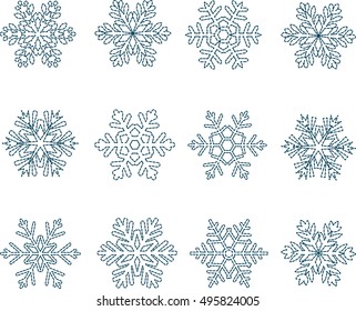 a set of thread embroidered blue snowflakes of broken lines on a white background