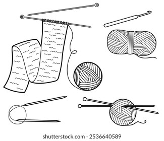 Conjunto de fios e ferramentas de tricô. Agulhas de tricô, bola de fio, gancho de crochê, fio. Ilustração do contorno, isolado no fundo branco, elementos de design