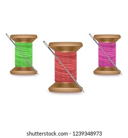 Set of threads with a needle of red, green and purple colors, Thread Spool Set. Colorful Wooden Bobbin. vector illustration