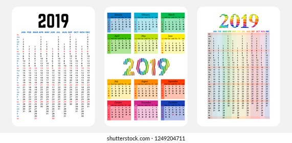 Set of three 2019 Calendars isolated on a white background. Sunday to Monday. Vector illustration
