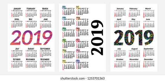 Set of three 2019 Calendars isolated on a white background. Sunday to Monday. Vector illustration

