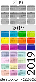 Set of three 2019 Sunday to Monday Calendars. Vector illustration