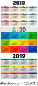 Set of three 2019 Sunday to Monday Calendars. Vector illustration