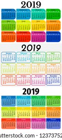 Set of three 2019 Sunday to Monday Calendars. Vector illustration