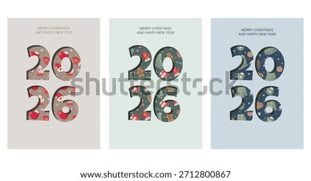 Set of three 2026 Christmas greeting cards with Merry Christmas and Happy New Year text. Each card features festive patterns inside bold numbers on beige, green, and blue backgrounds