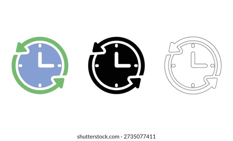 set of three 24-hour clock icons in different colors and line styles, representing continuous service and availability. The icons are displayed on clean white background, making them suitable for use in various digital and print materials.