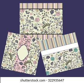 Set of three (3) vintage invitation cards with ornate elegant retro abstract floral design