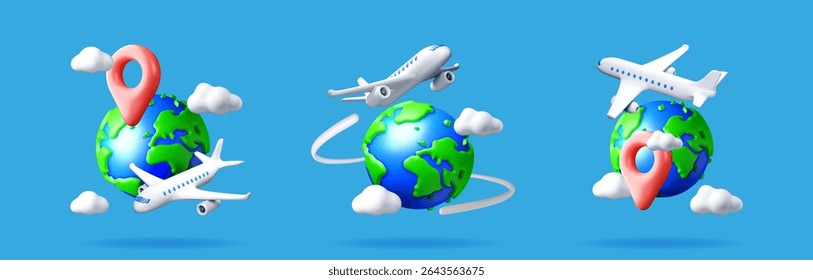 Conjunto de tres globos 3D con avión, nubes y pin de ubicación para viajes mundiales y concepto de viaje global.