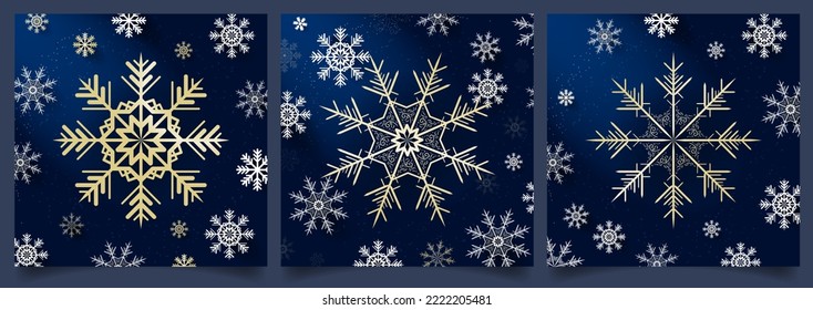Set of Three 3D Gold Snowflakes on dark blue background surrounded by smaller white and gold snowflakes. Gold Christmas Card Poster Background layouts. Vector Illustration. EPS 10.