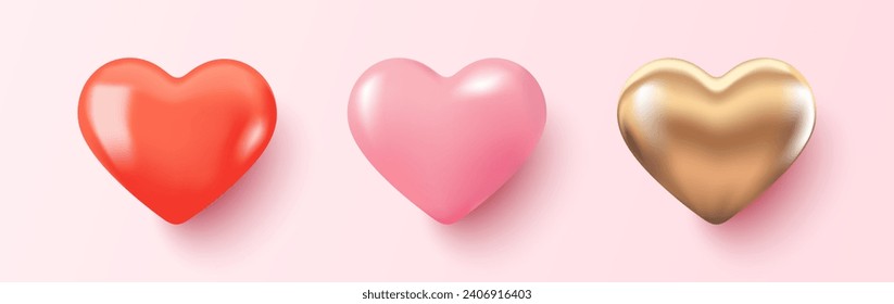 Set of three 3D hearts with shadow on a pink background. Red, pink and gold heart
