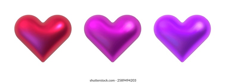 Set of three 3D metallic hearts in red, magenta, and purple, isolated on a white background. Glossy and reflective heart symbols representing love, romance, affection, and Valentine's Day.